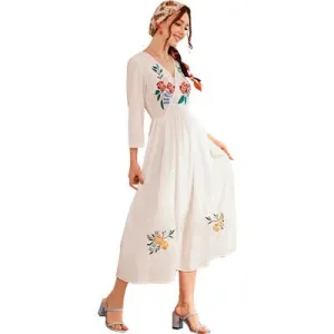 مجموعة أروين ARWEN & AJH GROUP  Embroidered V-neck Long-sleeved High-waisted Long Skirt Simple White Women Floral Maxi Casual Clothes Dresses