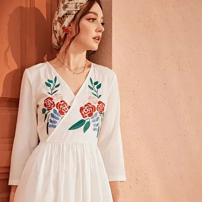 مجموعة أروين ARWEN & AJH GROUP  Embroidered V-neck Long-sleeved High-waisted Long Skirt Simple White Women Floral Maxi Casual Clothes Dresses