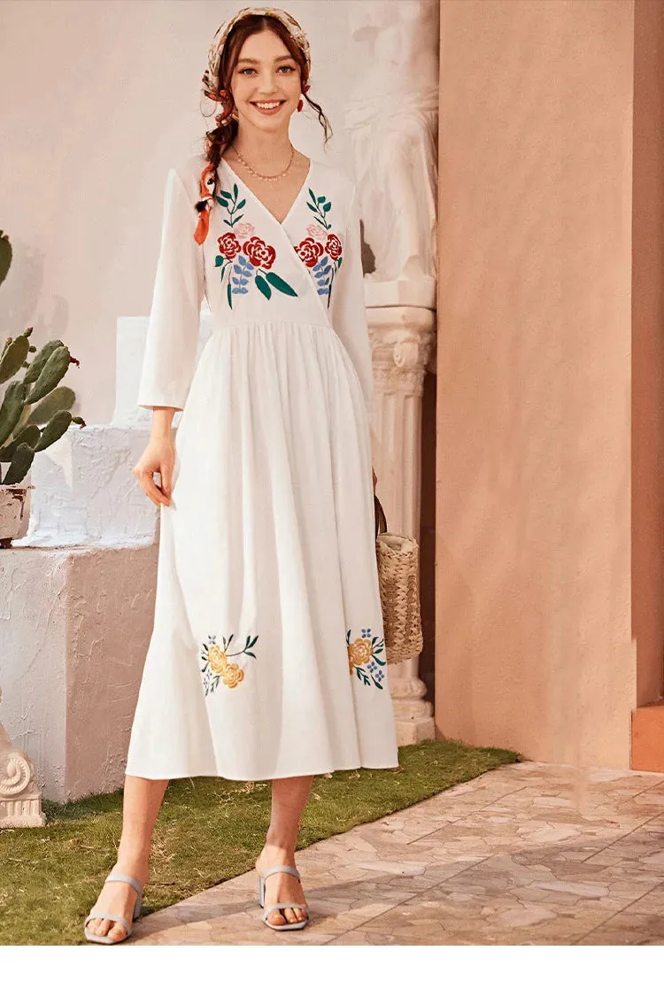 مجموعة أروين ARWEN & AJH GROUP  Embroidered V-neck Long-sleeved High-waisted Long Skirt Simple White Women Floral Maxi Casual Clothes Dresses