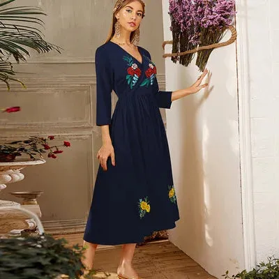 مجموعة أروين ARWEN & AJH GROUP  Embroidered V-neck Long-sleeved High-waisted Long Skirt Simple White Women Floral Maxi Casual Clothes Dresses