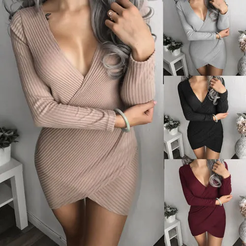 2017 New Sexy Women Long Sleeve V-neck Bodycon Club Wear Party Mini Dress Woman Clothes