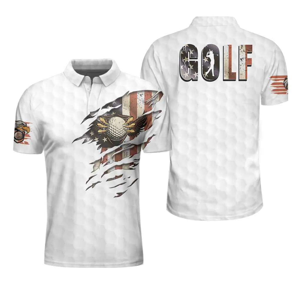 American Golfer Eagle Golf Ball Texture Polo Shirt, Ripped American Flag Polo Shirt, Patriotic Golf Shirt For Men Coolspod