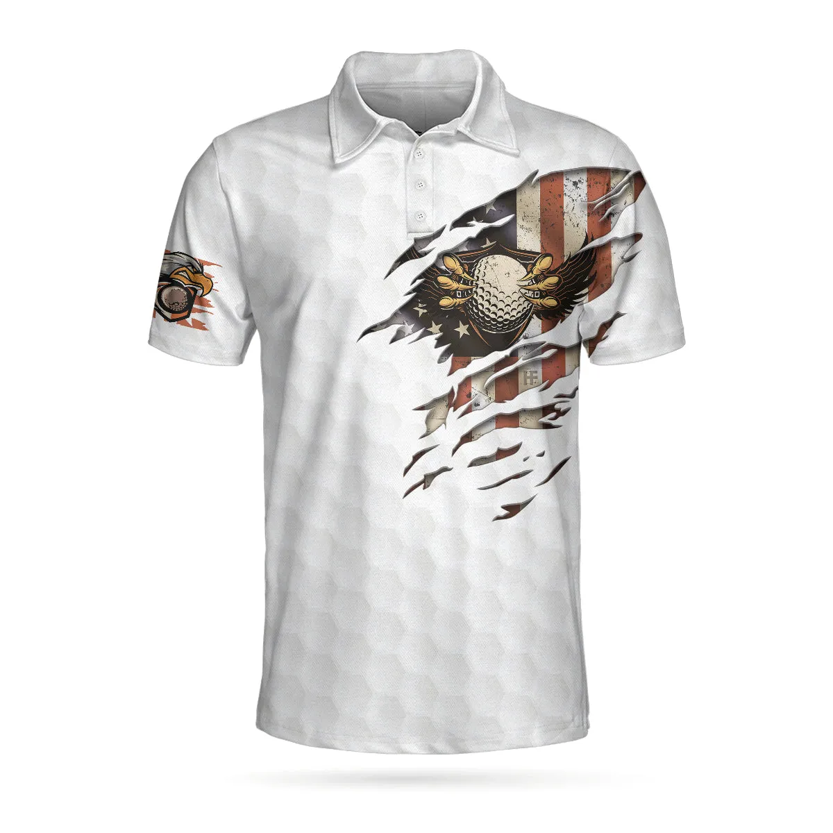 American Golfer Eagle Golf Ball Texture Polo Shirt, Ripped American Flag Polo Shirt, Patriotic Golf Shirt For Men Coolspod