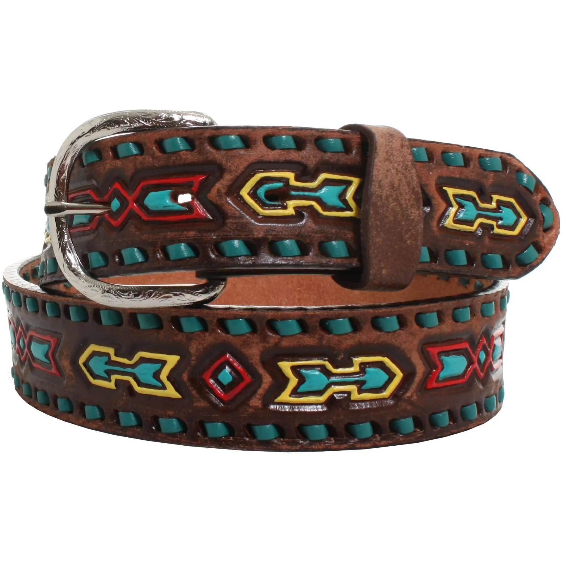 B870 - Brown Vintage Painted Tooled Belt