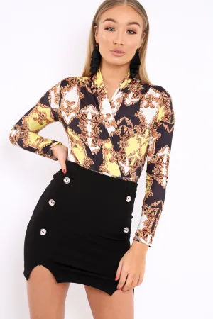 Black and Gold Scarf Print Wrap Front Bodysuit - Jasmina