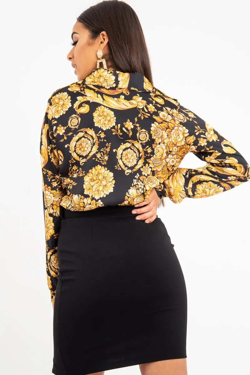 Black Gold Scarf Print Button Down Shirt - Khani