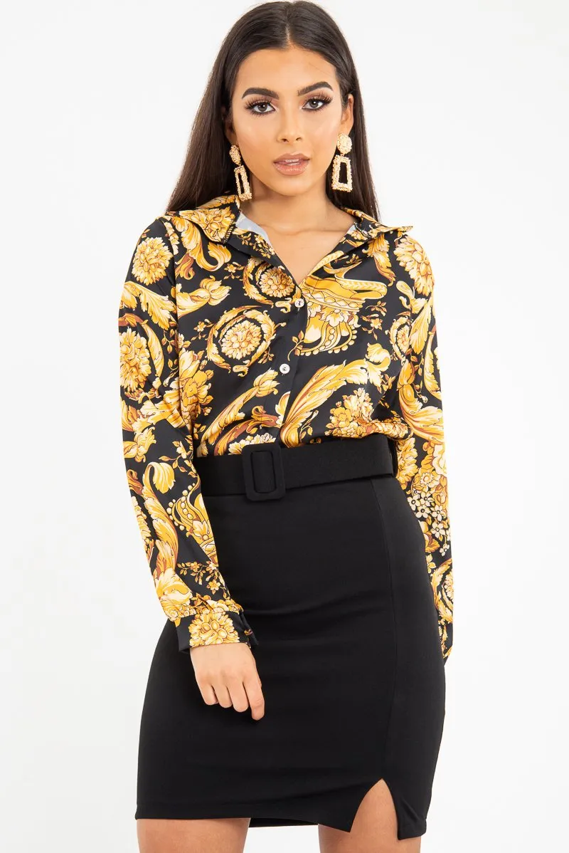 Black Gold Scarf Print Button Down Shirt - Khani