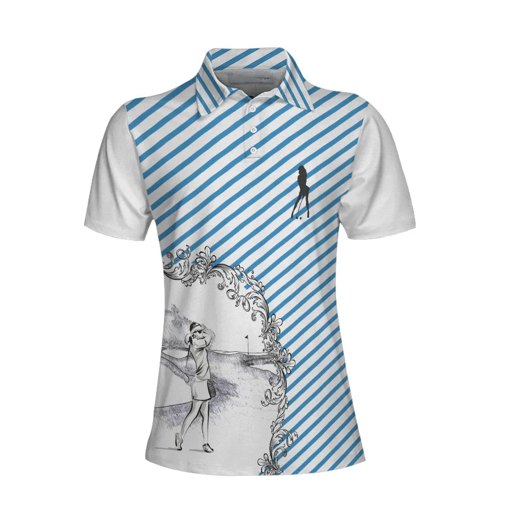 Blue Striped And Sketching Golf Girl Golf Short Sleeve Women Polo Shirt, Best Gift For Women Golfers