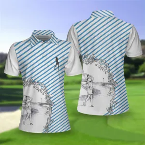 Blue Striped And Sketching Golf Girl Golf Short Sleeve Women Polo Shirt, Best Gift For Women Golfers