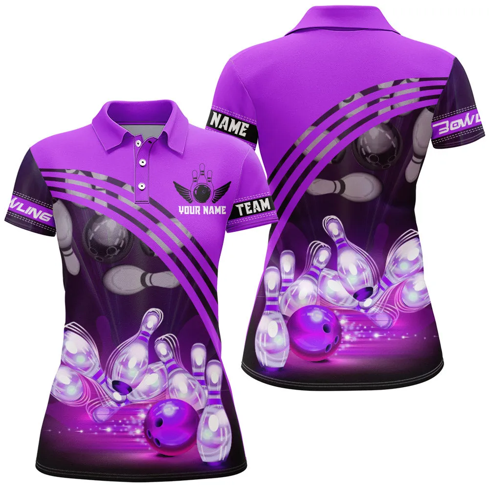 Bowling And Pins Trend Multicolor Option Customized Name 3D Polo Shirt For Women