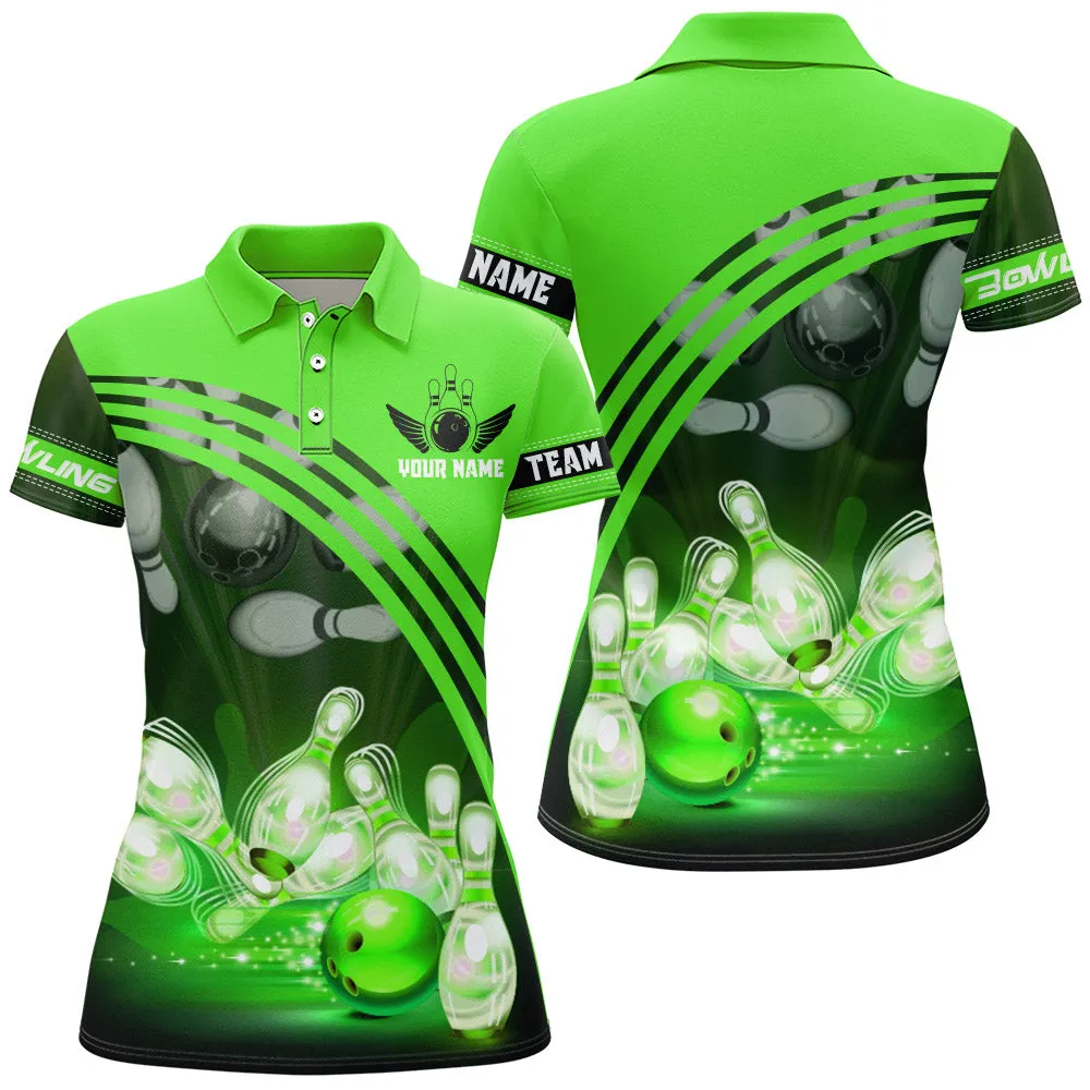 Bowling And Pins Trend Multicolor Option Customized Name 3D Polo Shirt For Women