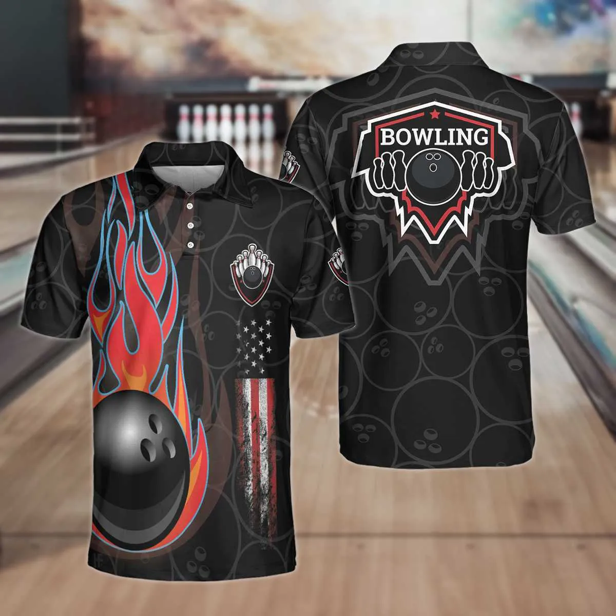 Bowling In Fire And American Flag Short Sleeve Polo Shirt, Bowling Ball Polo Shirt, Best Bowling Shirt For Men Coolspod