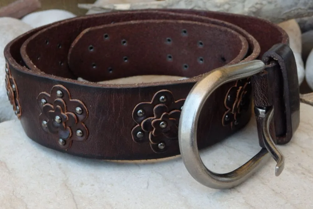 Brown floral leather belt