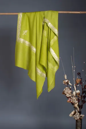 Chartreuse Green Hand Mettalic Silver Embroidery Cashmere Scarf