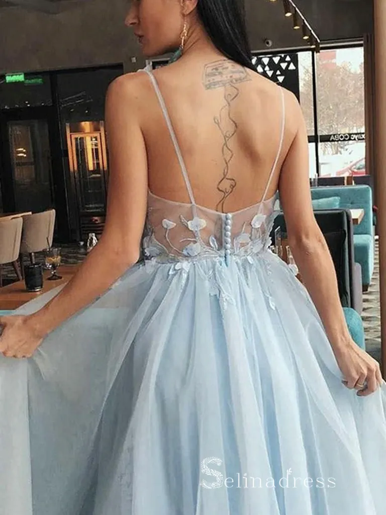 Chic A-line Spaghetti Straps Light Sky Blue Long Prom Dresses Evening Dresses MLH1250