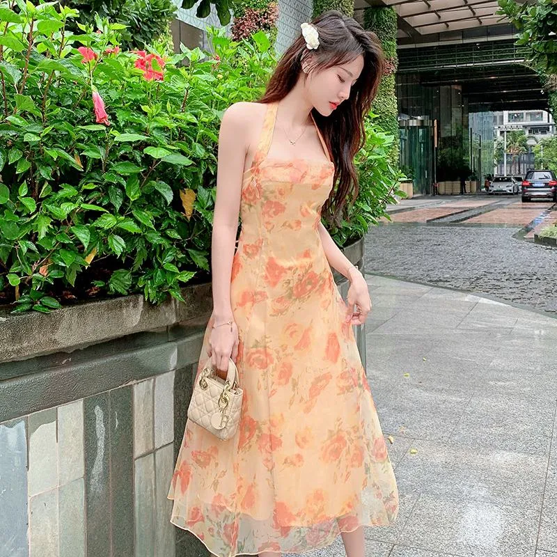 Chiffon Beach Vacation Retro Niche Halter French Style Backless Dress