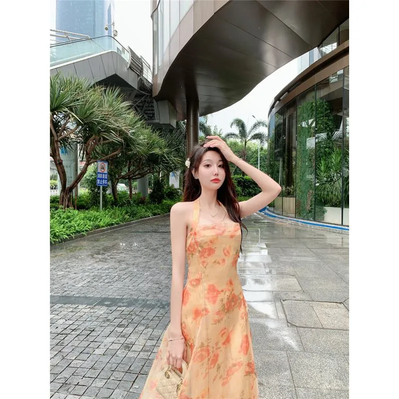 Chiffon Beach Vacation Retro Niche Halter French Style Backless Dress