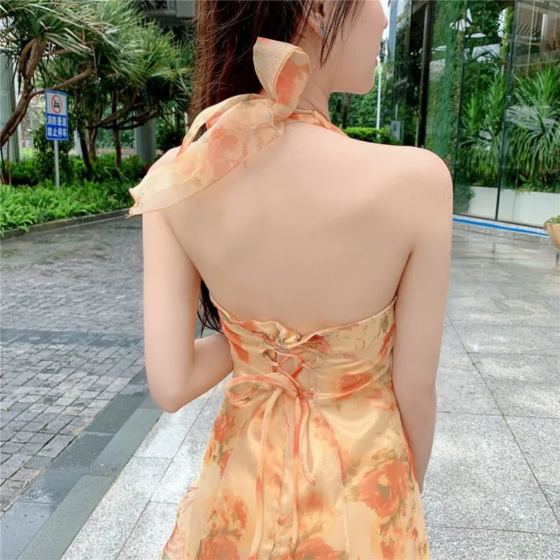 Chiffon Beach Vacation Retro Niche Halter French Style Backless Dress