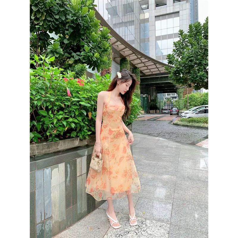 Chiffon Beach Vacation Retro Niche Halter French Style Backless Dress