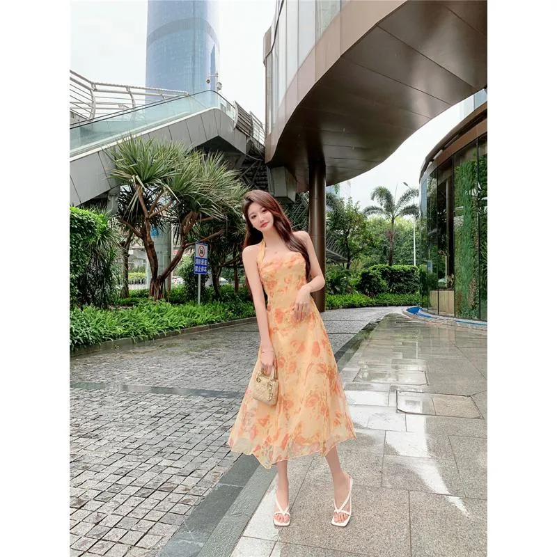 Chiffon Beach Vacation Retro Niche Halter French Style Backless Dress