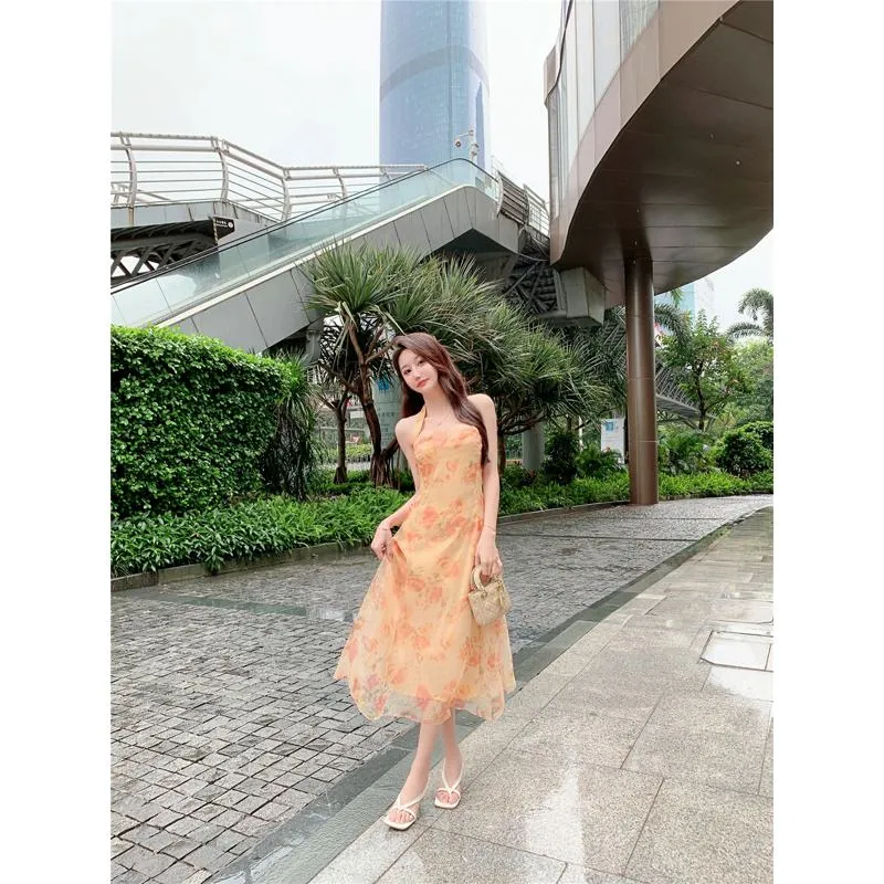 Chiffon Beach Vacation Retro Niche Halter French Style Backless Dress