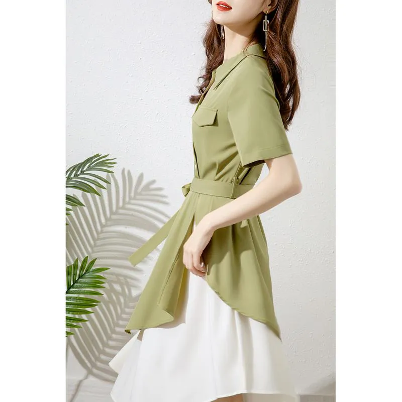 Cinched Waist Irregular Persea Design Green Niche Dress