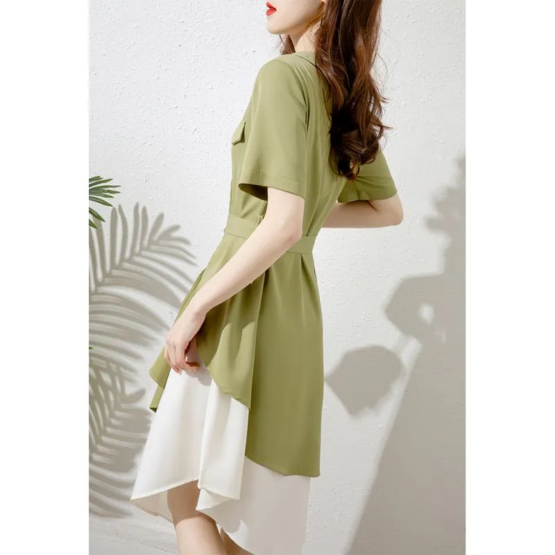 Cinched Waist Irregular Persea Design Green Niche Dress