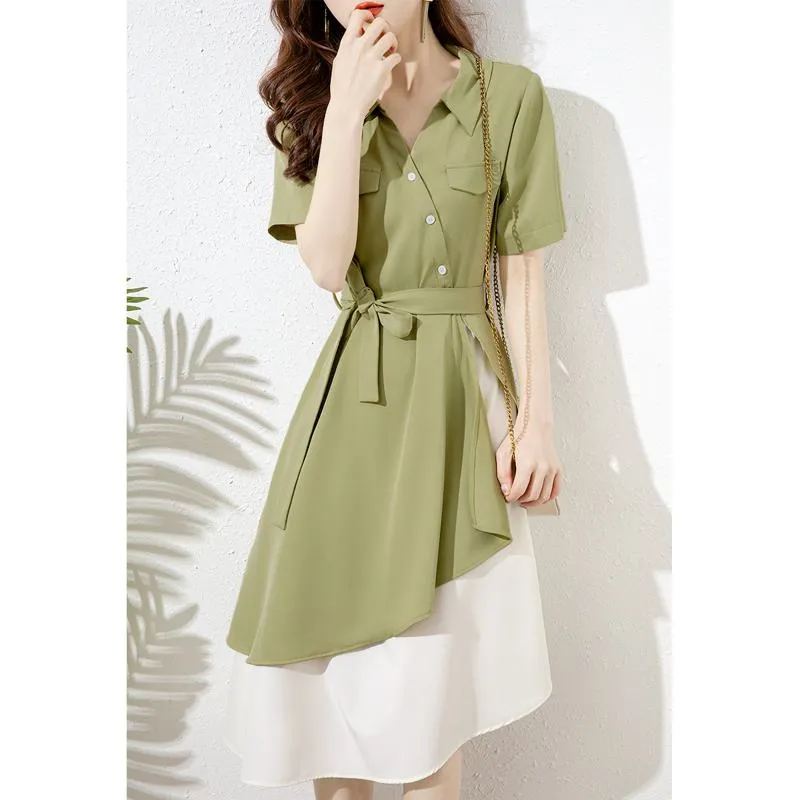 Cinched Waist Irregular Persea Design Green Niche Dress