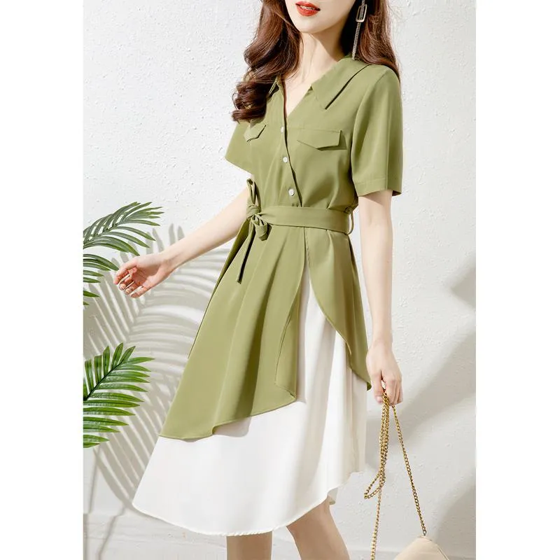 Cinched Waist Irregular Persea Design Green Niche Dress