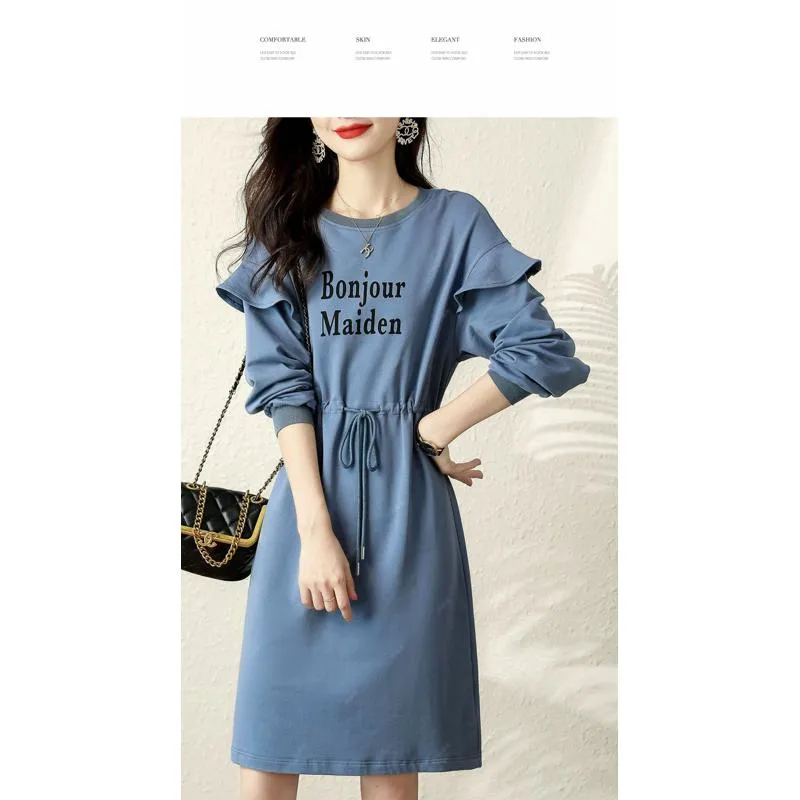 Cinched Waist Ruffle Hem Letter Drawstring Anti-Aging Simplicity Casual Chic Dress