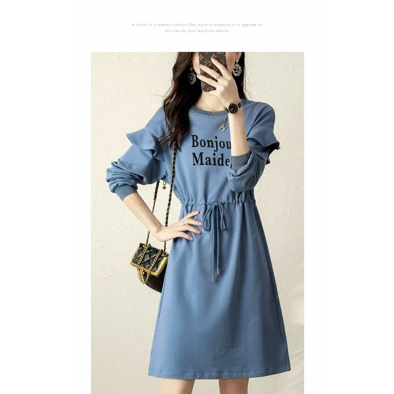 Cinched Waist Ruffle Hem Letter Drawstring Anti-Aging Simplicity Casual Chic Dress