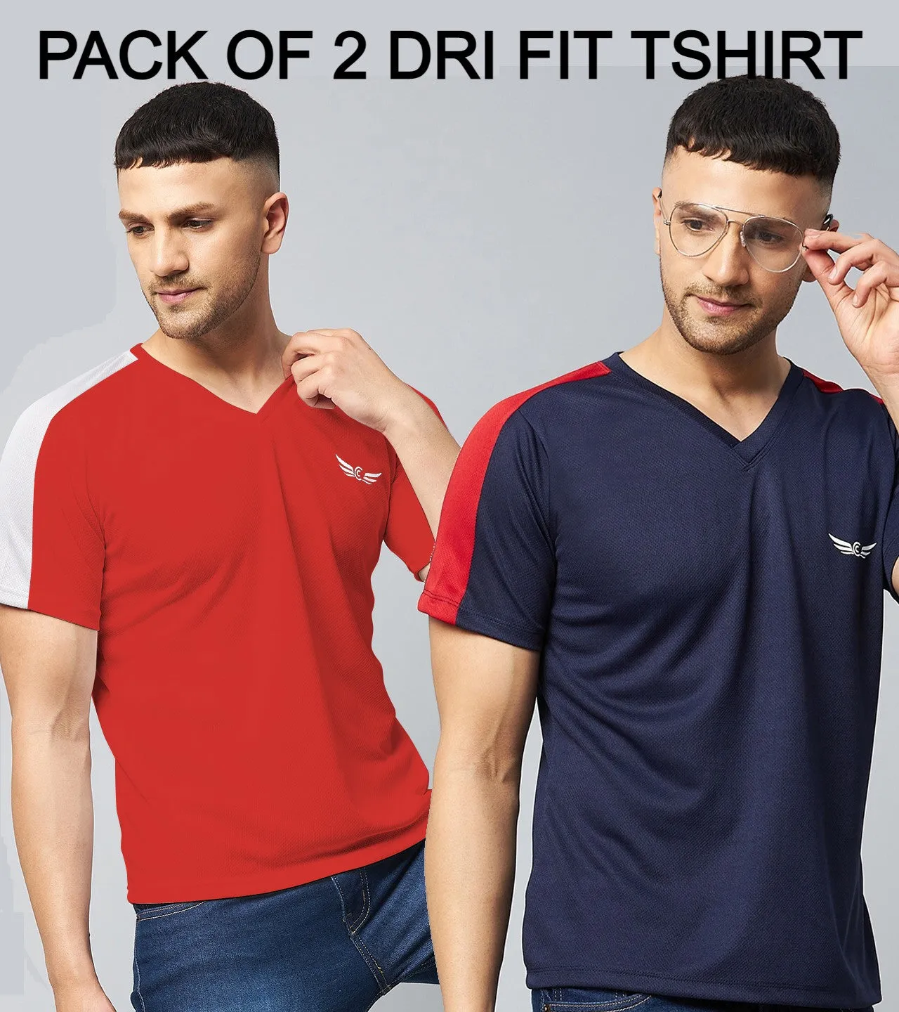 Color Block V Neck T-shirt (Navy Red) (Pack of 2)