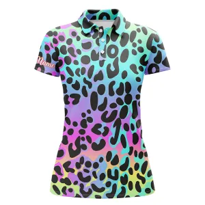 Colorful Neon Rainbow Leopard Custom Women Golf Polo Shirts, Team Golf Shirt Gift For Golf Lovers