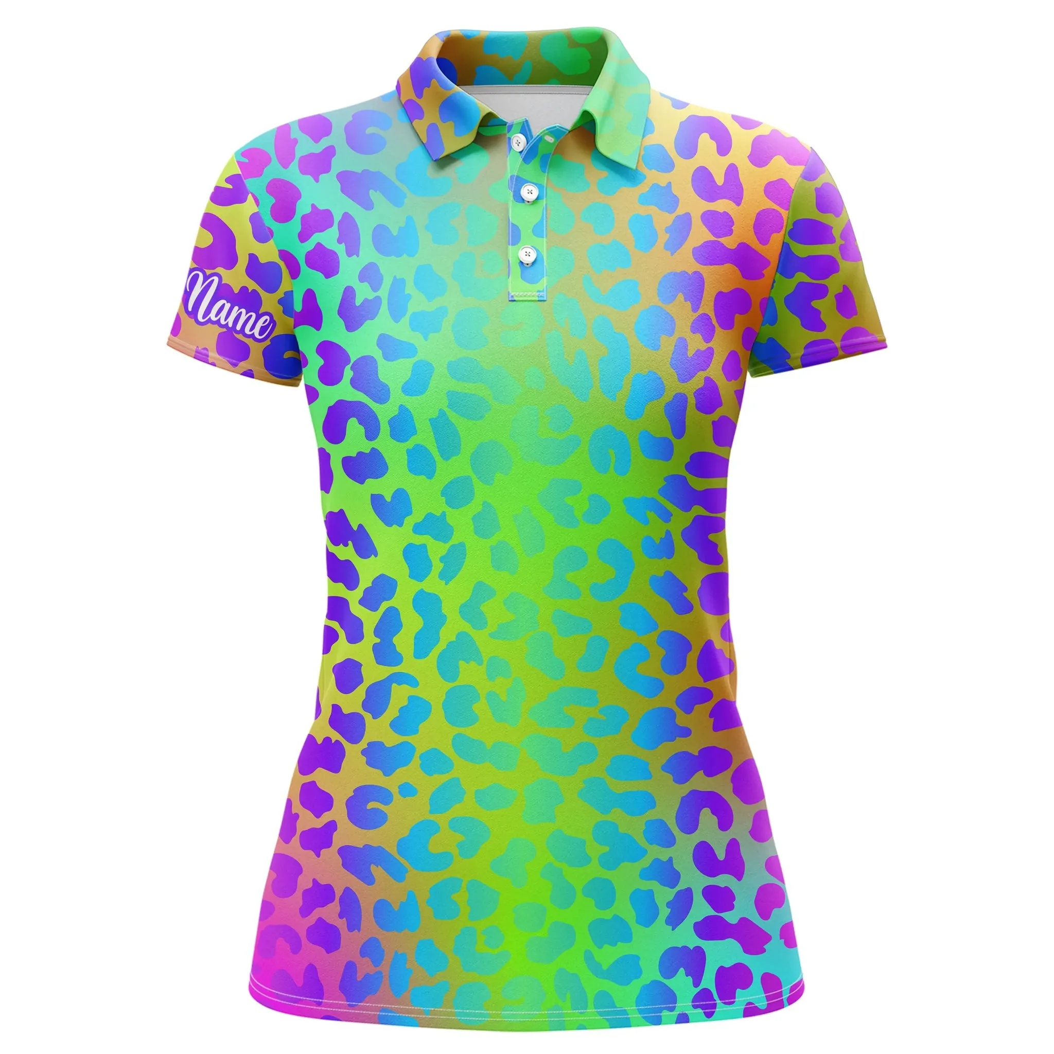 Colorful Neon Rainbow Leopard Custom Women Golf Polo Shirts, Team Golf Shirt Gift For Golf Lovers