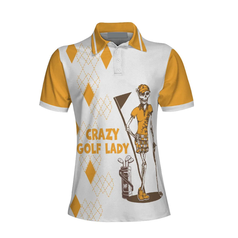 Crazy Golf Lady Short Sleeve Women Polo Shirt, White And Yellow Golf Shirt For Ladies, Funny Female Golf Gift