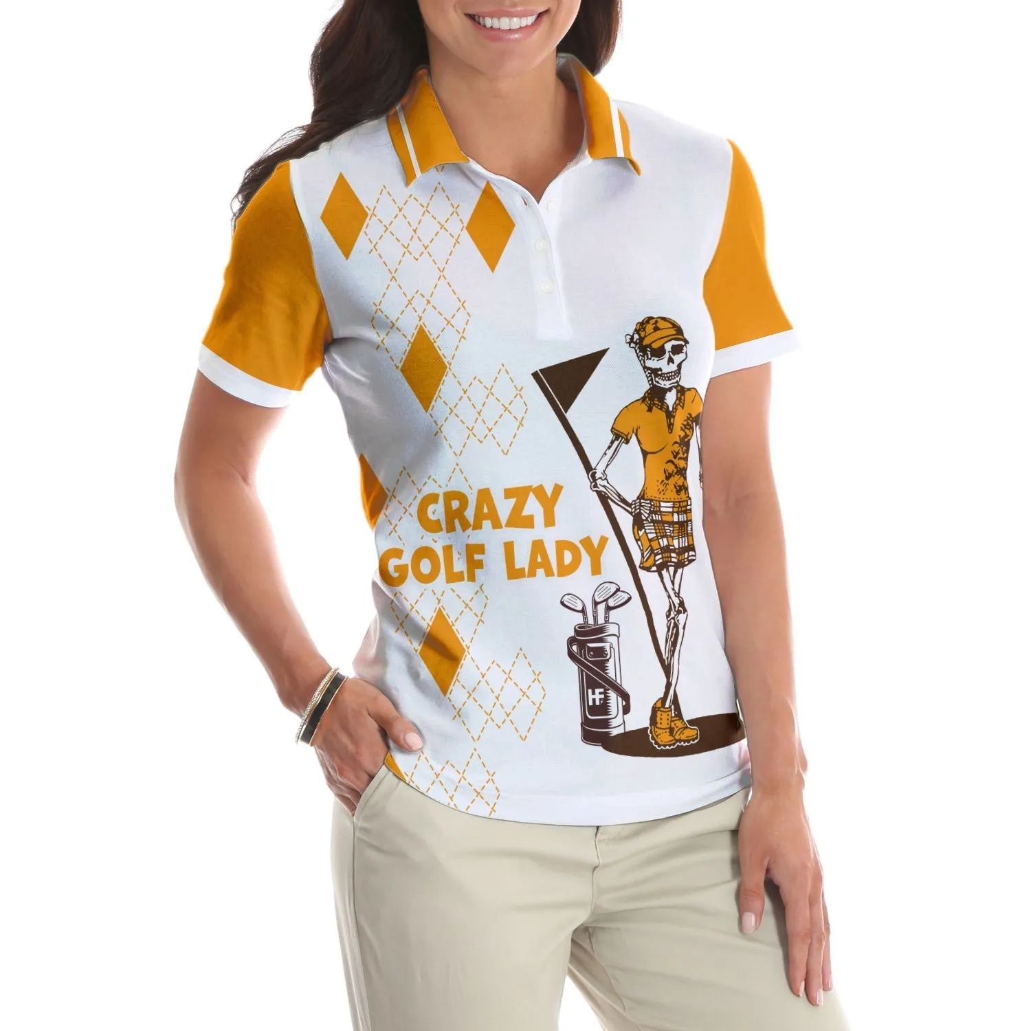 Crazy Golf Lady Short Sleeve Women Polo Shirt, White And Yellow Golf Shirt For Ladies, Funny Female Golf Gift