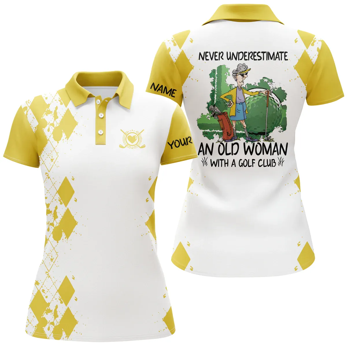 Custom name 3D women golf polo shirts multi-color never underestimate an old woman with a golf club