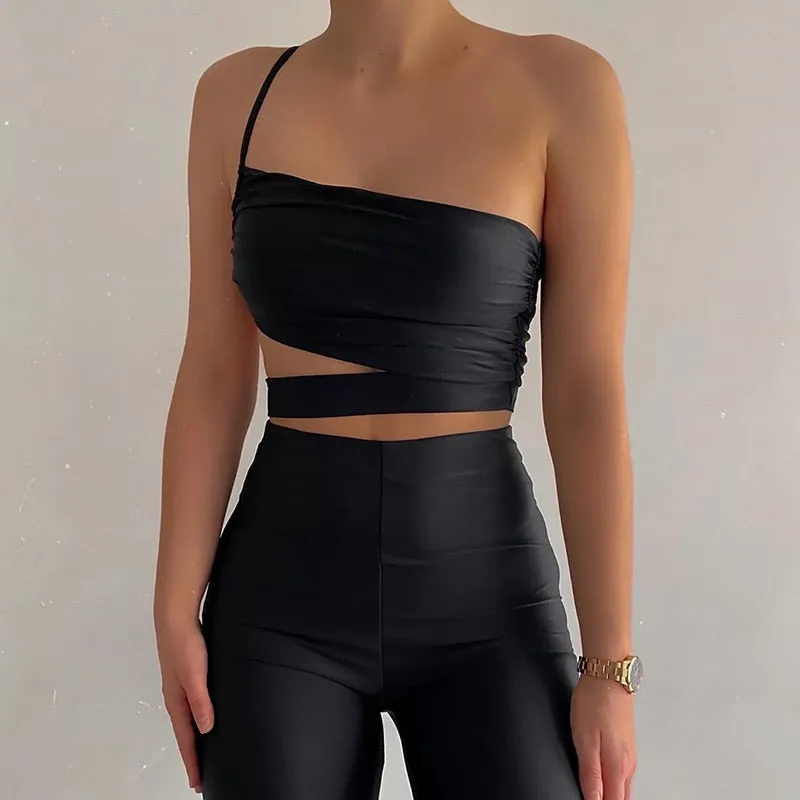 Cut Out Sexy Gothic Workout Activewear Solid One Shoulder Ruched Bralette Crop Top Sleeveless