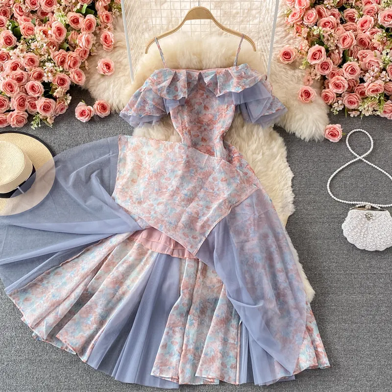 Cute floral A line off shoulder dress fashion dress S04