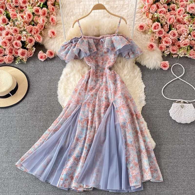 Cute floral A line off shoulder dress fashion dress S04