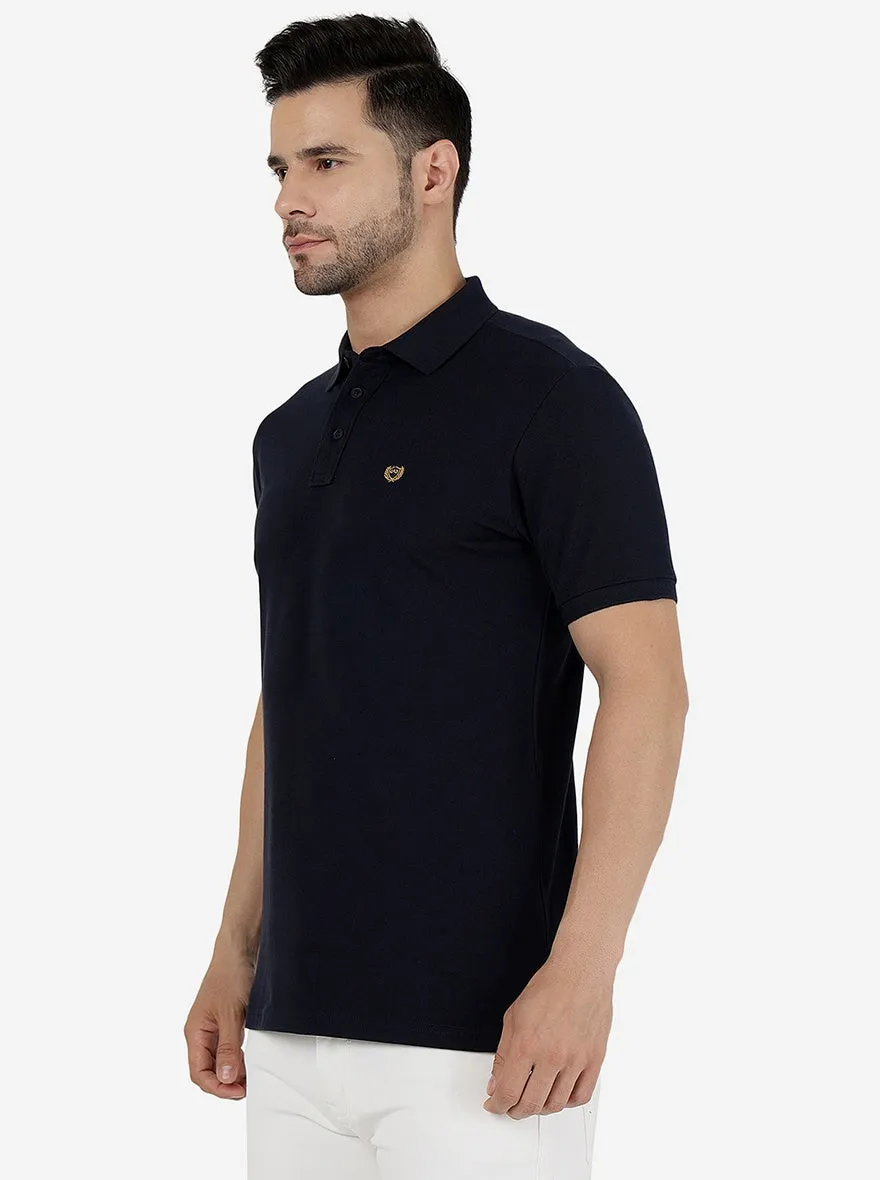 Dark Navy Blue Solid Slim Fit Polo T-Shirt | JadeBlue