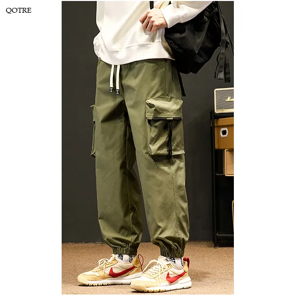 Elasticity Tapered Street Style Bellows Pocket Loose Fit Cargo Pants