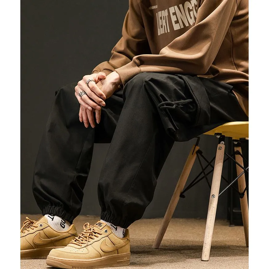 Elasticity Tapered Street Style Bellows Pocket Loose Fit Cargo Pants