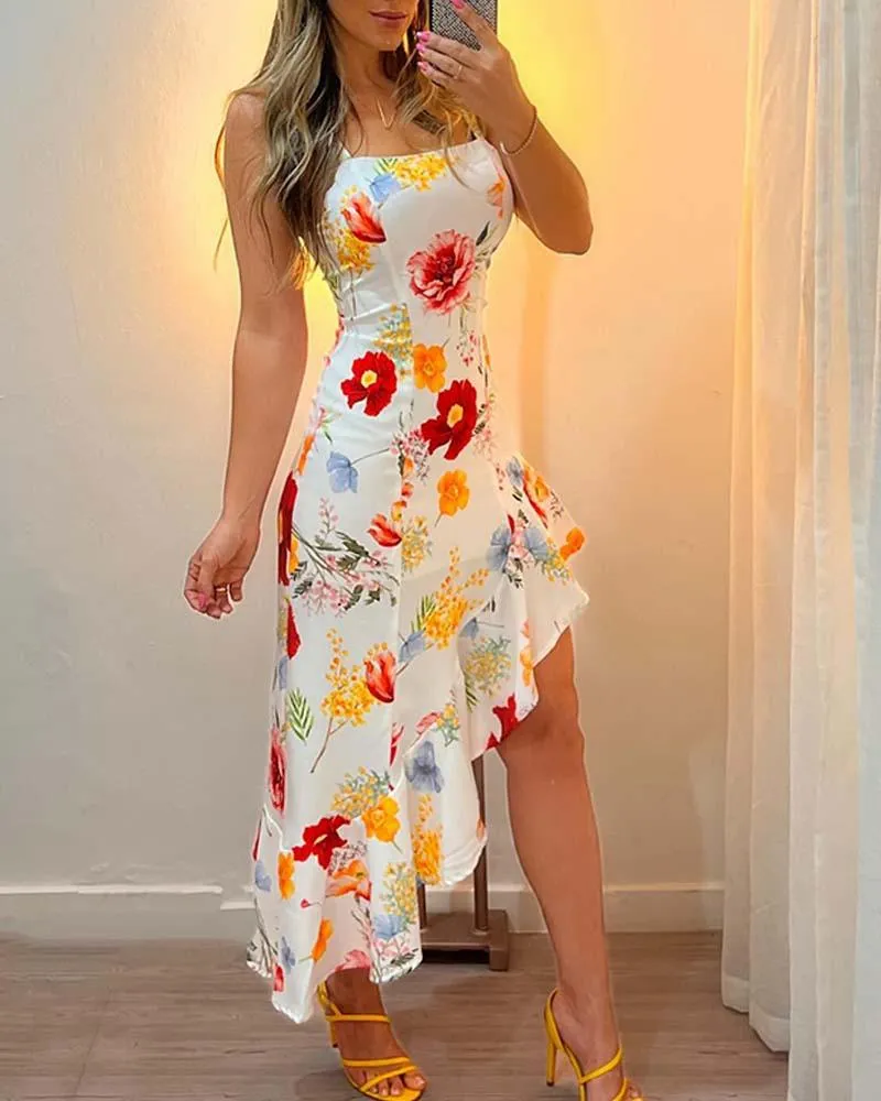 Elegant Floral Asymmetric Sling Midi Dress with Ruffled Hem