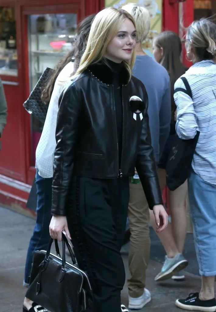 Elle Fanning Fur Black Leather Jacket