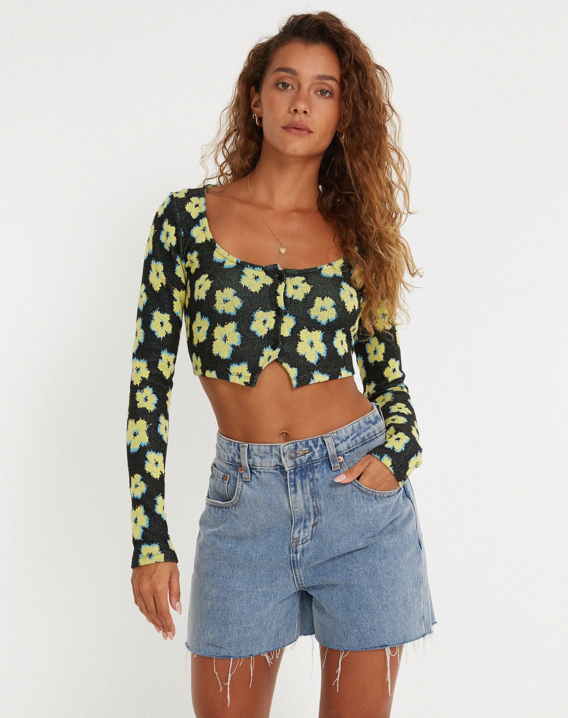 Faline Crop Top in Cute Floral Black and Yellow