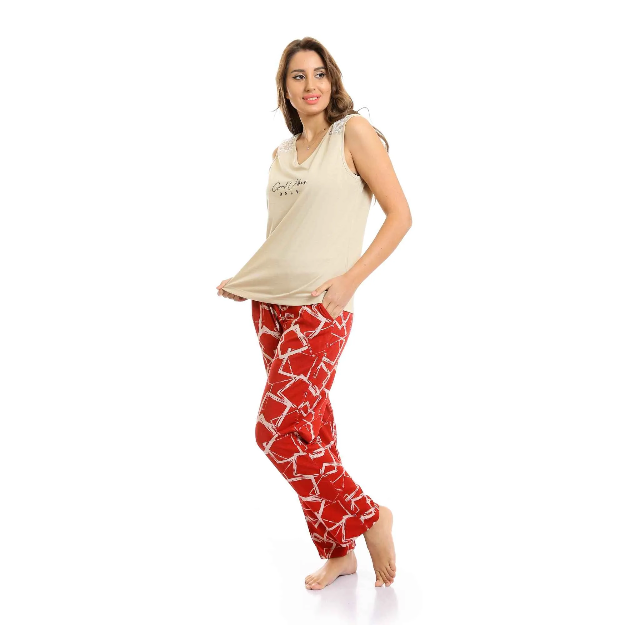 Good Vibes V-Neck Top & Patterned Pants Pajama Set - Beige & Red