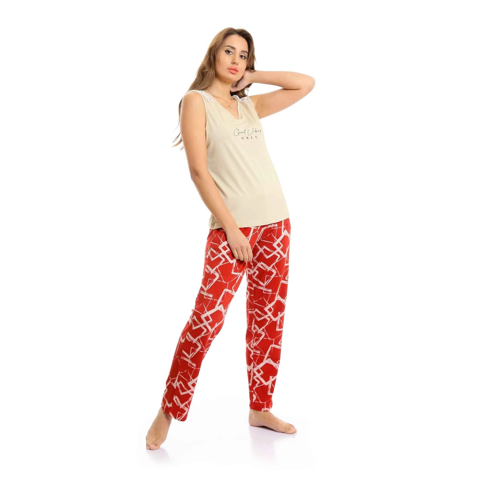 Good Vibes V-Neck Top & Patterned Pants Pajama Set - Beige & Red