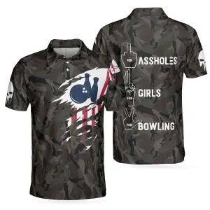 Hand Instruction For Girl And Bowling American Flag Polo Shirt, Funny Hand Signs Camouflaged Bowling Polo Shirt For Men