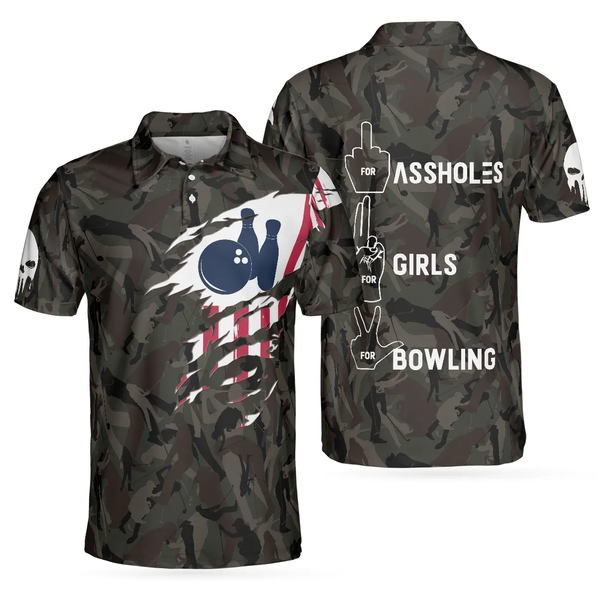 Hand Instruction For Girl And Bowling American Flag Polo Shirt, Funny Hand Signs Camouflaged Bowling Polo Shirt For Men